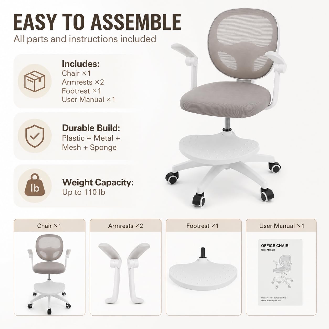 Sedia da scrivania per bambini, regolabile in altezza, 50 kg, grigio | rete, schiuma, forma a sella, pieghevole a 90°, 50 kg, ruote a gravità, girevole a 360°, seduta da 10 cm + poggiapiedi, 5-13J