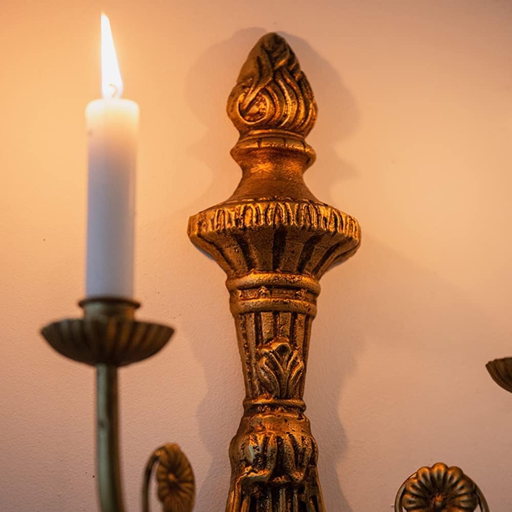 TentHome Kerzenhalter Wand Metall Vintage Kandelaber Antik Teelichthalter Wandkerzenleuchter 2 Armig im Barockstil Wandkerzenhalter für Stabkerzen Wanddekoration Gold 2 Stück