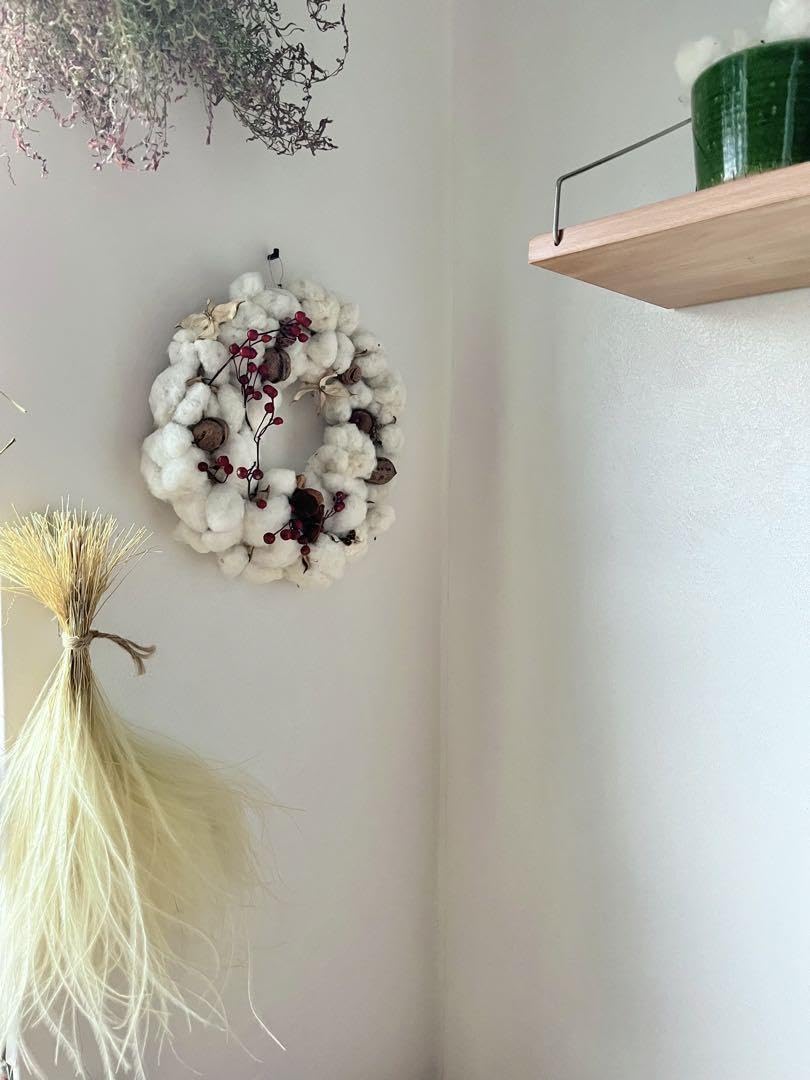 Amazon｜リース(コットンフラワー&木の実) ホワイト クリスマス ドライ