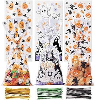 VEYLIN Cellophane Treat Bags, 150 Pack Clear Sweet Bags with 300 Twist Tie for Halloween Party Supplies, 3 Styles