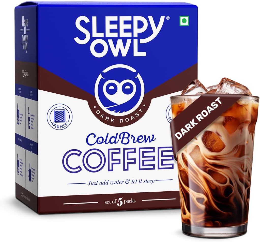 Sleepy Owl Dark Roast Cold Brew Coffee Bags | Set of 5 Packs - Makes 15 Cups | Easy 3 Step Overnight Brew - No Equipment Needed | Medium Roast | 100% Arabica | Directly Sourced From Chikmagalur