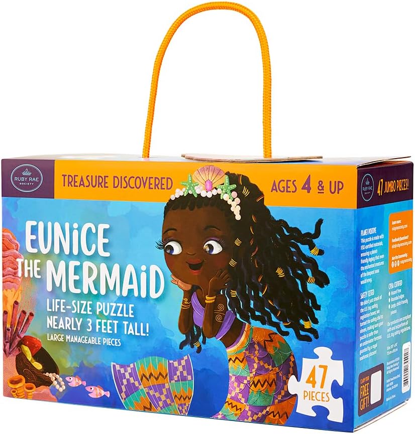 Ruby Ray Society Eunice The Mermaid 47‑Piece Life-Size Floor Puzzle for Kids – Extra‑Thick Educational Jigsaw for Ages 3–6 (3 ft. Tall)