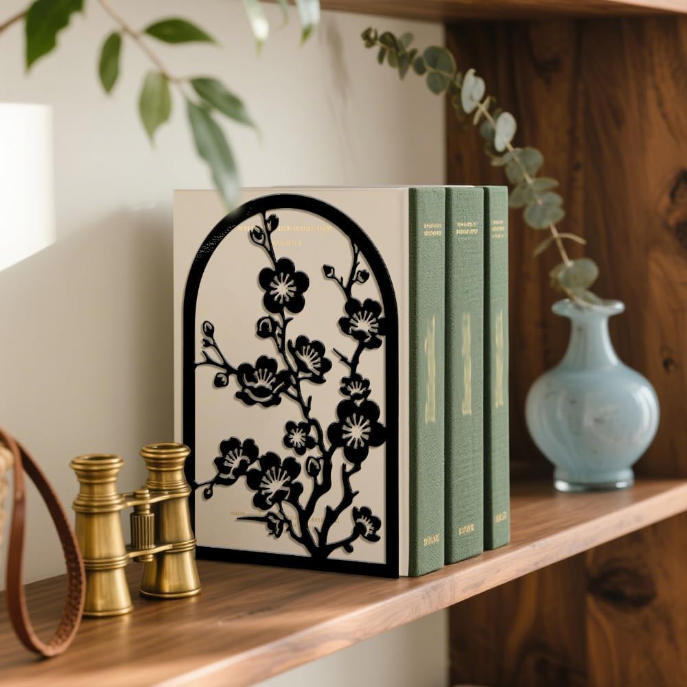 Peacoblue Metal Bookends for Shelves, Modern Decorative Heavy Duty Study Book Ends Stoppers for Office, Desk, Shelf, Room 5.3"x4.3"x7.9" Cast Iron Simple Tall Bookends 1 Pair (Plum Blossom Branches)