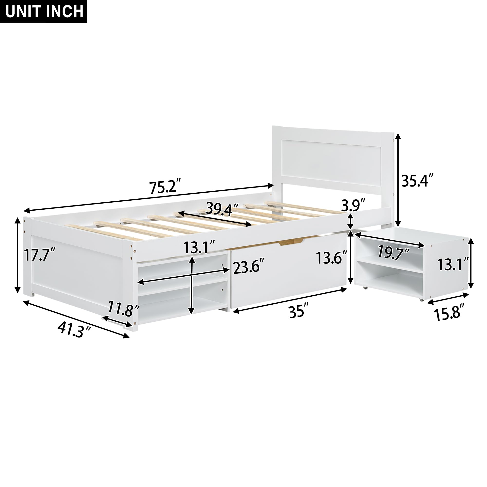 Twin Storage Platform Bed Frame with Drawer and 2 Shelves, Modern Platform Bed for Kids, Girls, Boys, Teens, No Box Spring Needed, Easy Assembly (White)