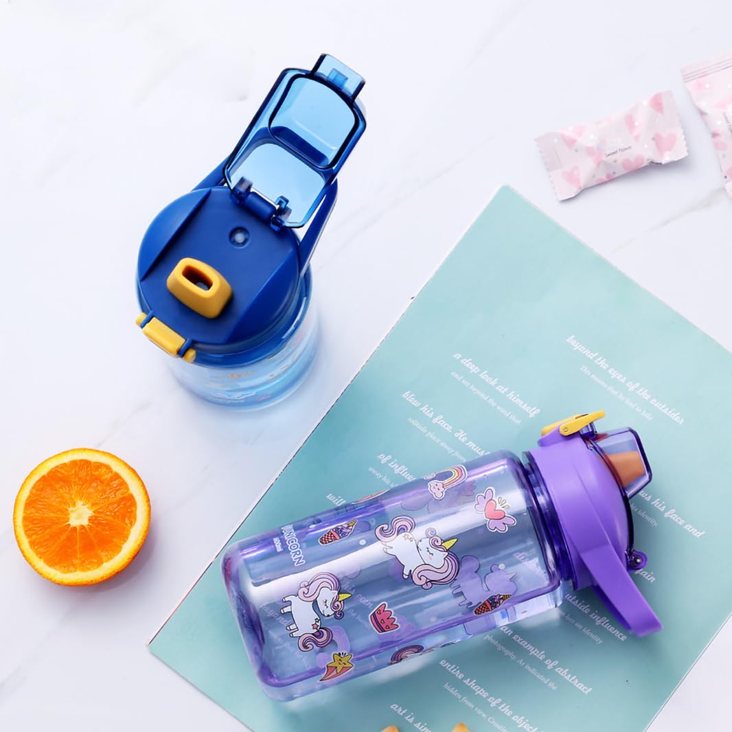 Gourde Enfant 600ml Paille Bouteille Eau sans BPA Anti-Fuite Bleu