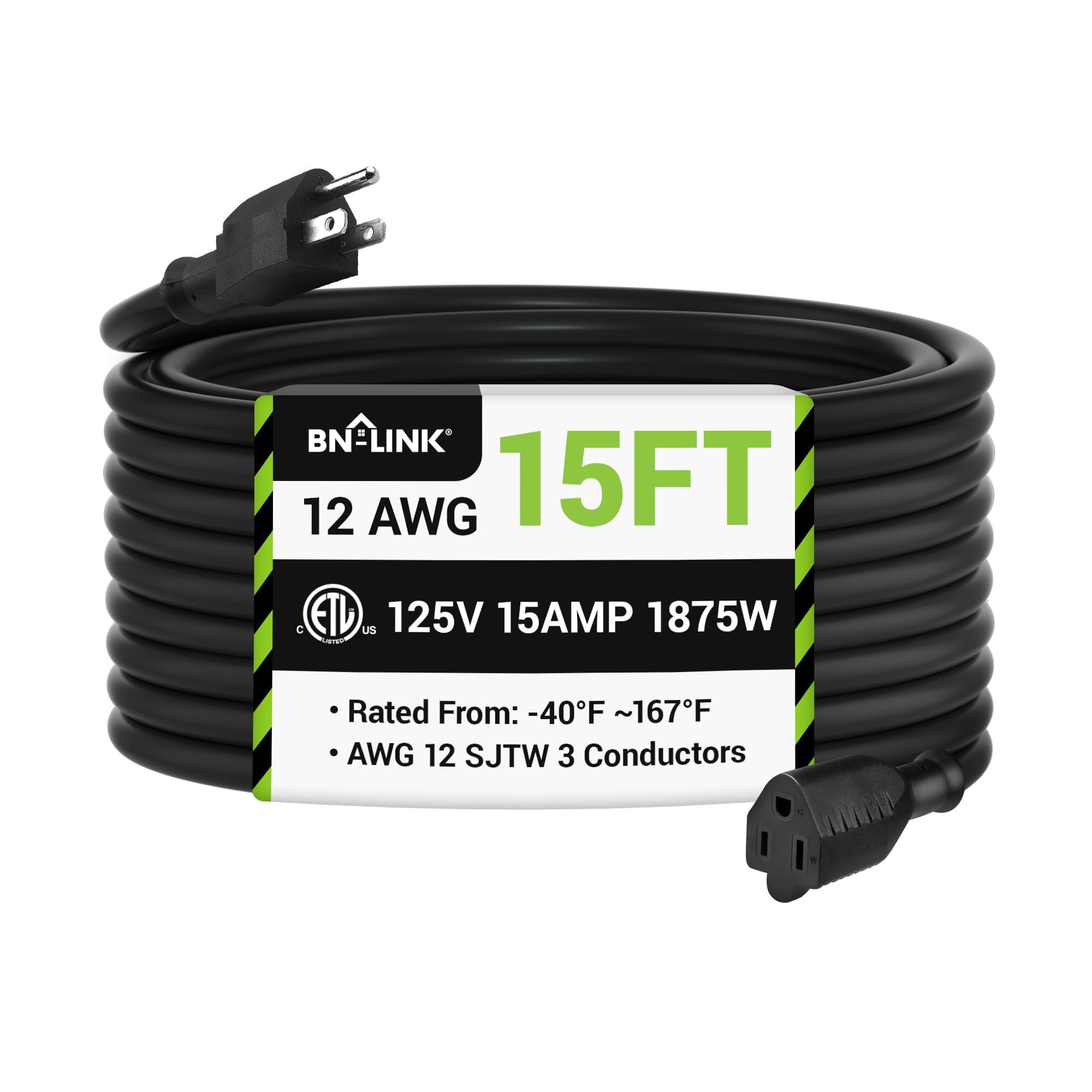 BN-LINK 15ft Outdoor Extension Cord, 12/3 SJTW
