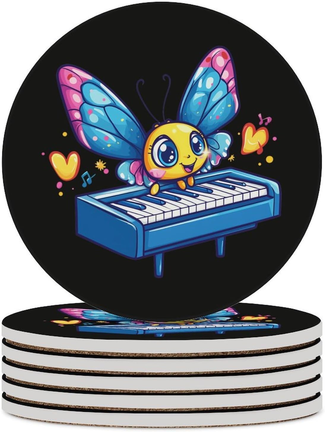 Butterfly Playing Piano Coasters for Drink Round Ceramic Coaster with Cork Base Home Decorative 6PCS