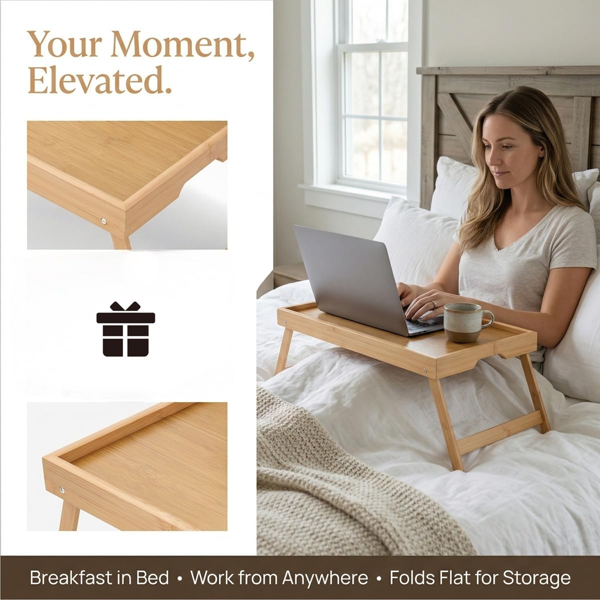 Betttablett Klappbar Frühstückstablett Bambus Serviertablett erhöhter Rand Klapptisch 40x30x19cm Betttisch Laptoptisch Serviertisch Laptopständer Sofatablett Essenstablett für Bett (Holzfarbe)