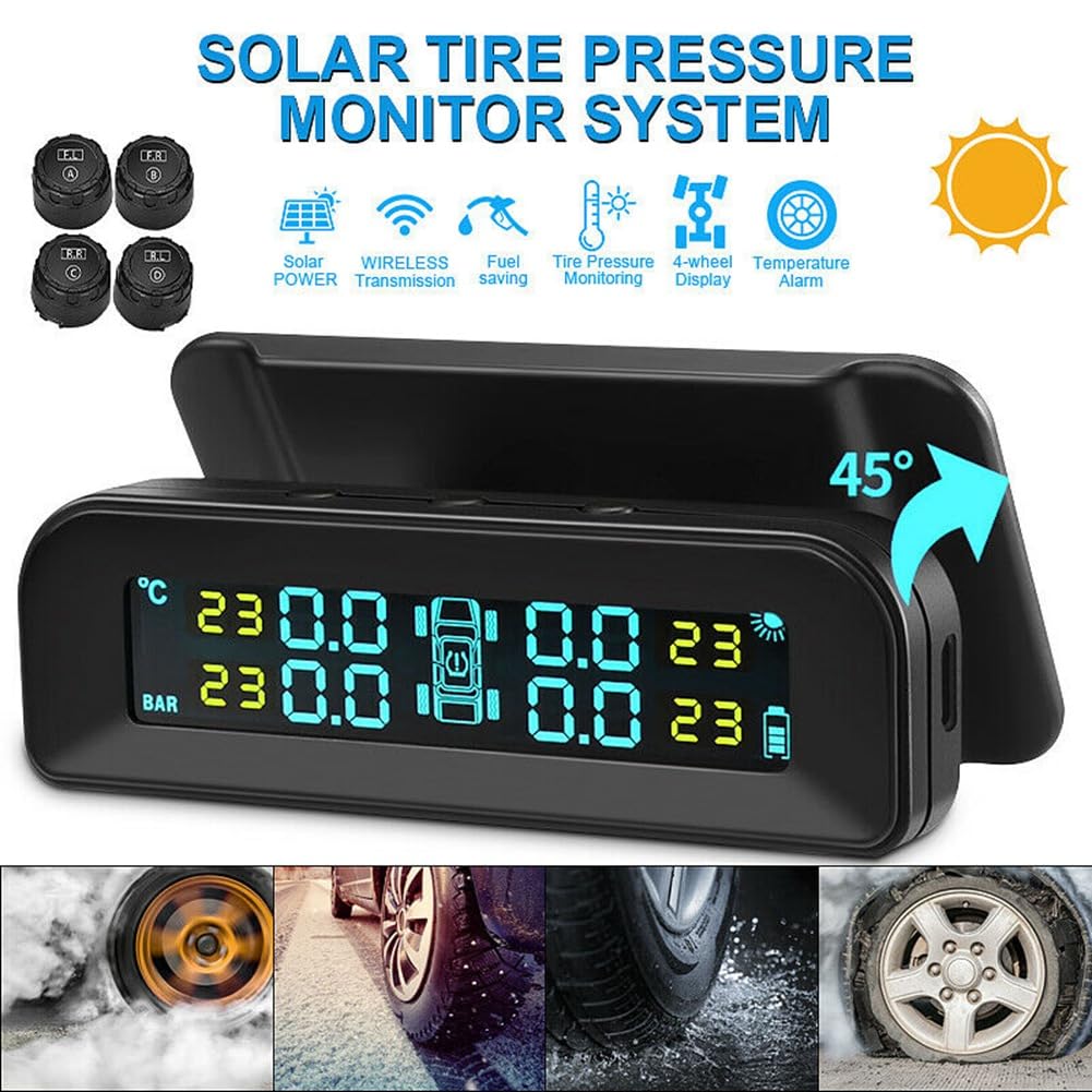 2 x solarny bezprzewodowy system kontroli ciśnienia w oponach samochodowych TPMS, wyświetlacz HD LCD, 4 zewnętrzne czujniki, ciśnienie w oponach, ostrzeżenie o temperaturze