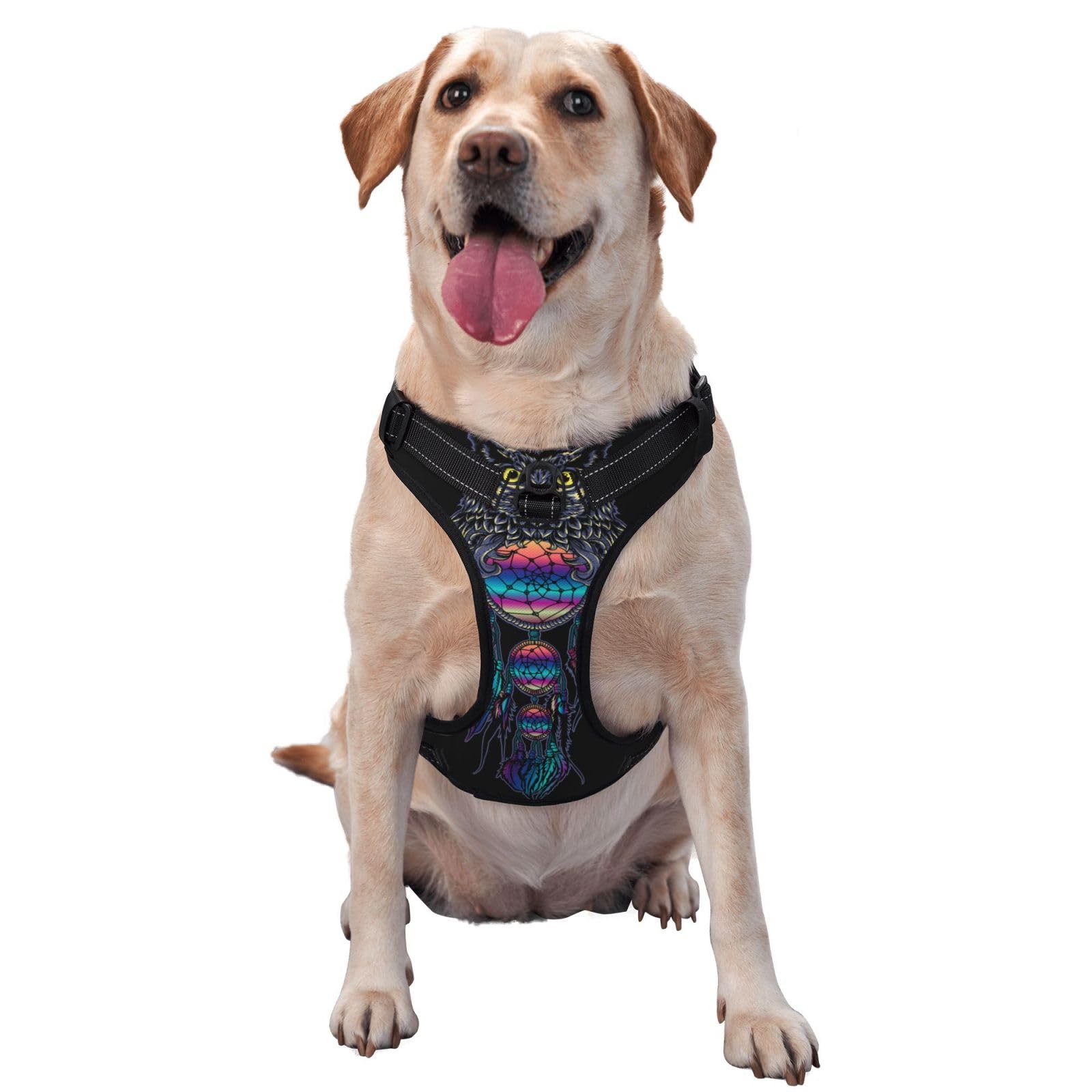 Soft Breathable Owl Rainbow Dream Catcher Dog Harness Choke-Free Double Padded Vest with Adjustable Neck and Chest