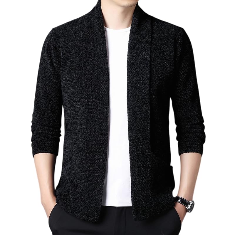 Gilets Maille Cascade Ouverts sur Le Devant pour Hommes, Veste Courte Marron en Chenille À Col Châle Et Manches Longues, avec Poches, Manteau d'hiver Chaud Et Confortable.