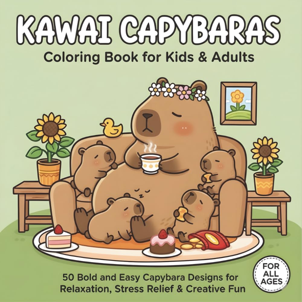 Kawaii Capybaras Coloring Book for Kids & Adults: 50 Bold & Easy Cute Capybara Designs for Relaxation, Stress Relief, Mindfulness & Creative Fun