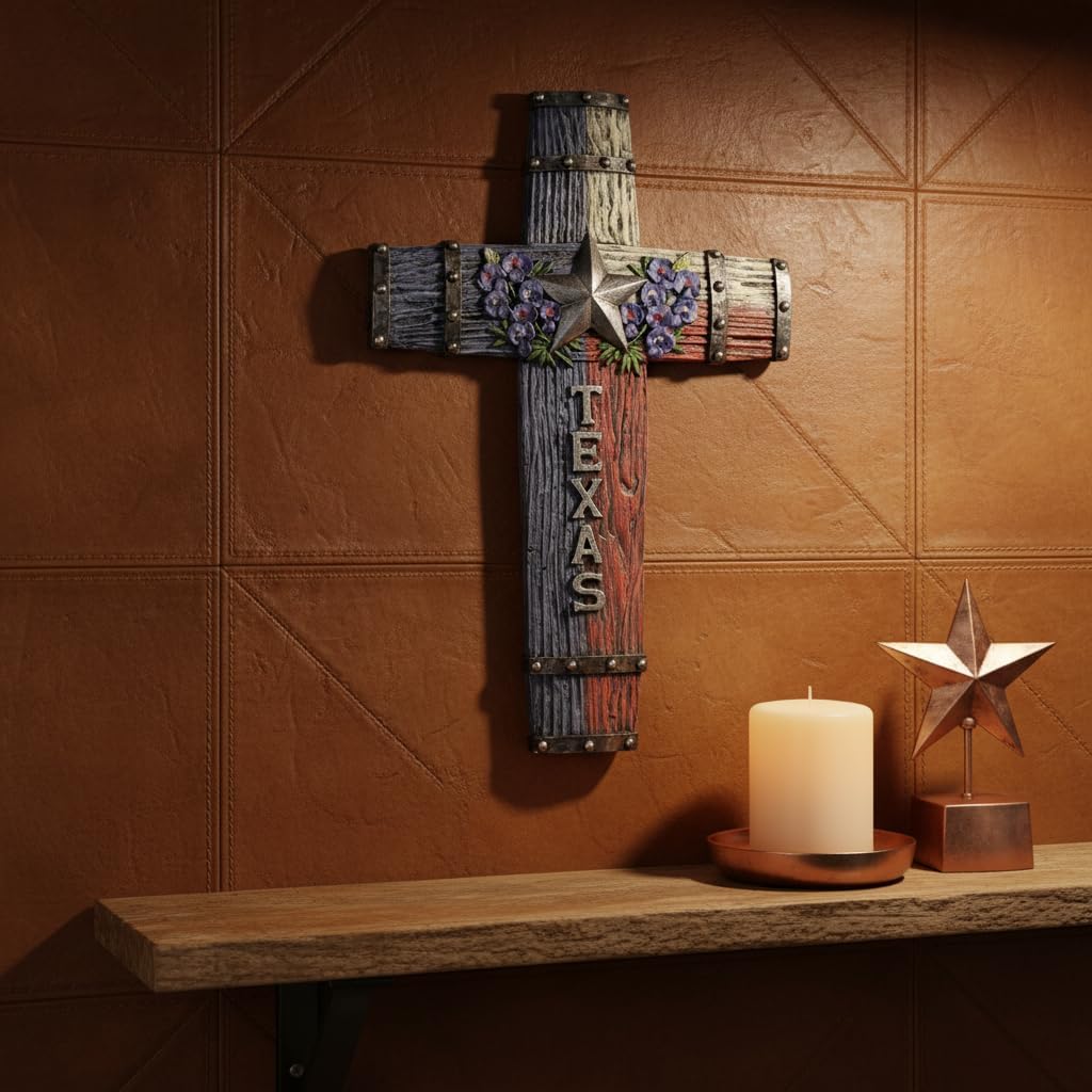 Comfy Hour 14" Lone Star Texas Cross for Wall, Decorative Western Style Religious Plaque with Bluebonnets, Artisan Crafted Wood Look Resin Sculpture, Lone Star State Home Decor, 1 Piece
