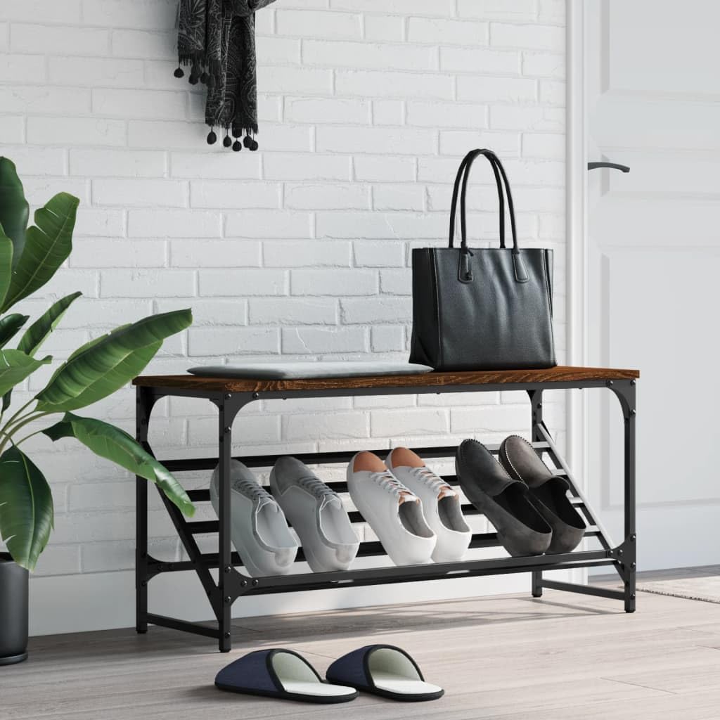 Schuhregal Braun Eichen-Optik aus Holzwerkstoff mit pulverbeschichtetem Stahlgestell 90x30x45 cm, platzsparende Schuhablage und Organizer für Flur, Diele, Eingangsbereich