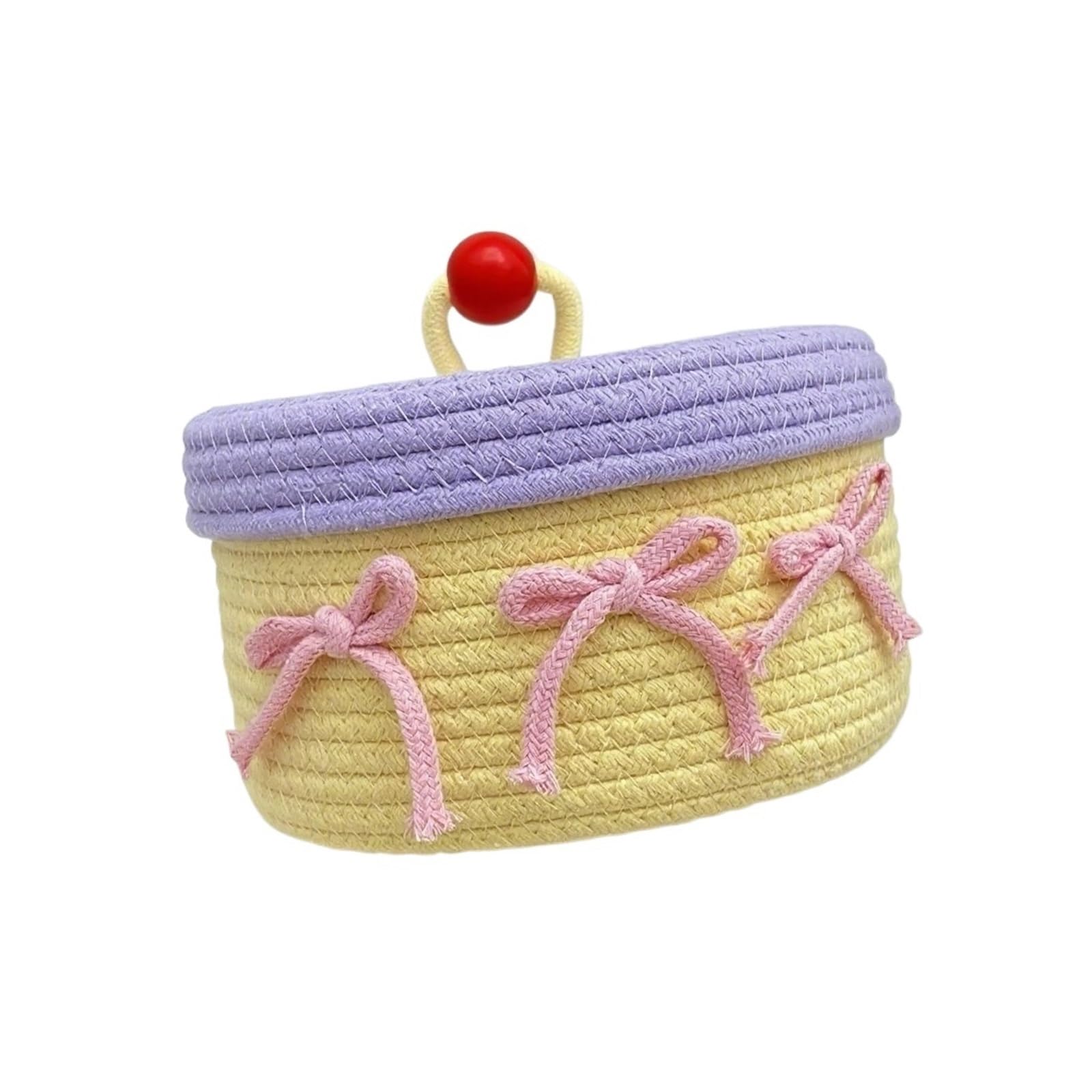 Cesta de almacenamiento de cuerda de algodón con tapa, forma de cupcakes, tela no tejida tejida a mano, organizador decorativo para el hogar, escritorio, baño (morado)