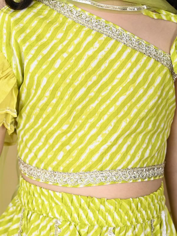 Image of superminis Girl's Cotton One Shoulder Lehariya Printed Readymade Lehenga Choli And Net Dupatta Set