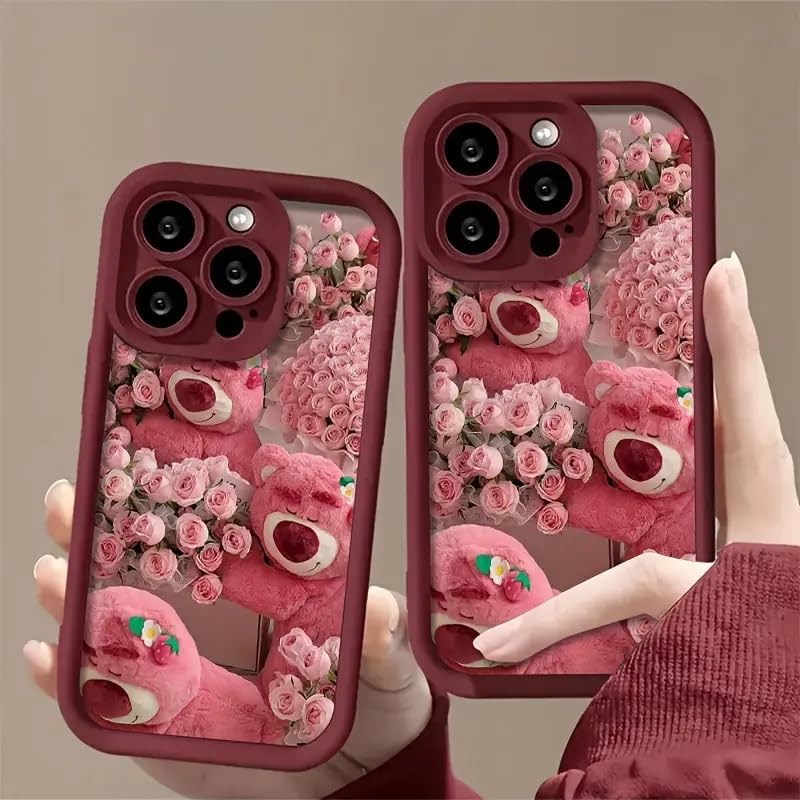 Image of COVERLY Rose Strawberry Teddy Back Case Cover for iPhone 12 Pro | Hot Hibiscus Flourish Cute Design | Camera Protection | Soft TPU Silicone Fashion Aesthetic Cover for Girls & Women (Pink, Shockproof)