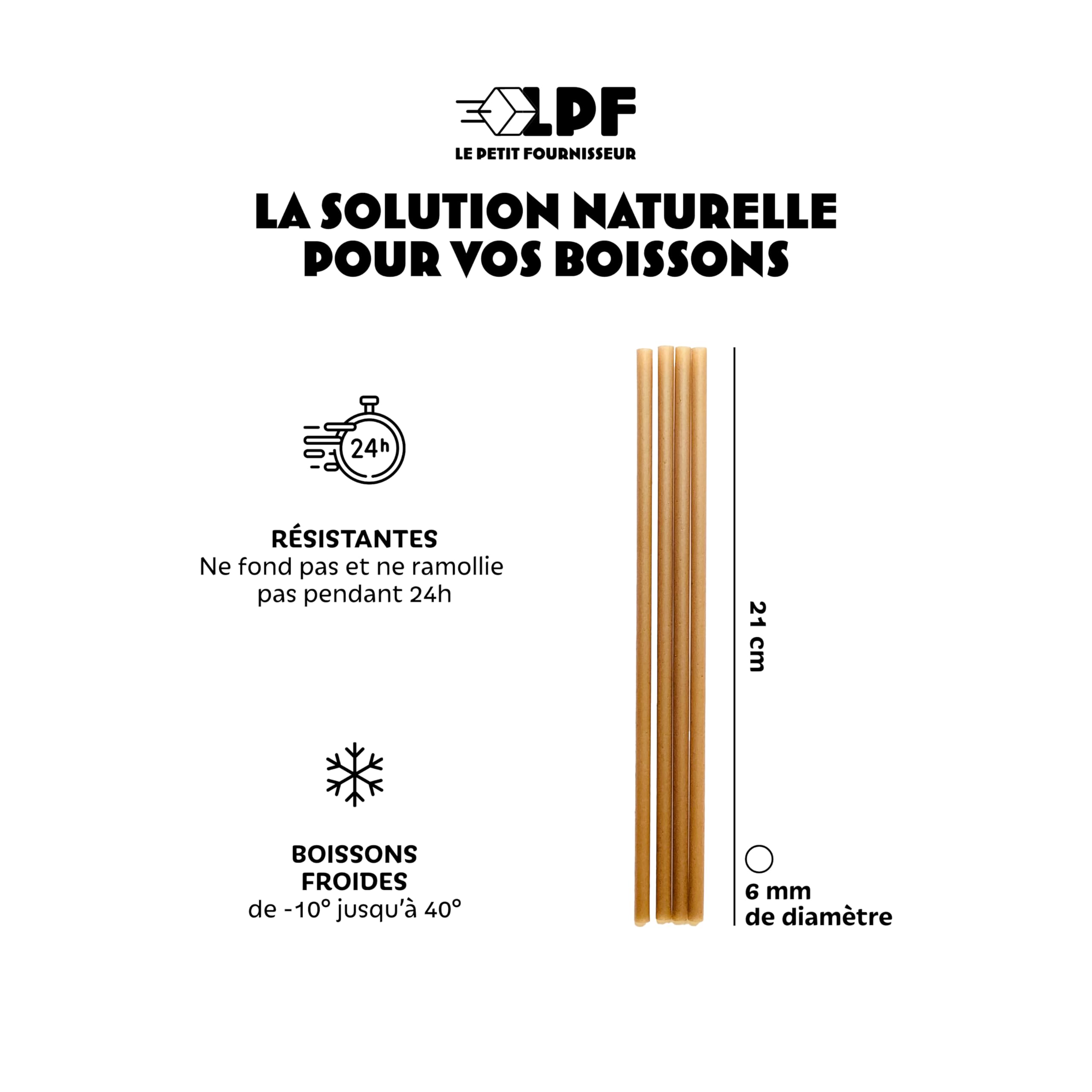 LPF LE PETIT FOURNISSEUR – Pailles Canne à Sucre 21cm – Réutilisables & Compostables – Sans Goût ni Odeur – Ne ramollie pas résistance 24h Boissons Froides – Sans Plastique – Lot 500 – Made in France