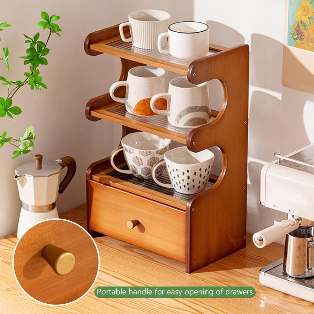 Organizator na kubki do kawy na blat Bambusowe drewno bambusowe uchwyt na kubki K-Cup, wielofunkcyjna szuflada na gofry, organizer na akcesoria kuchenne, brązowy