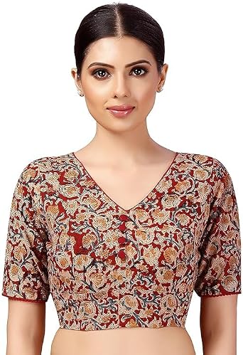 KRISHNA Womens Readymade Cotton Kalamkari Printed Saree Blouse with Elbow Length Sleeves Red Multi, 2XL 40