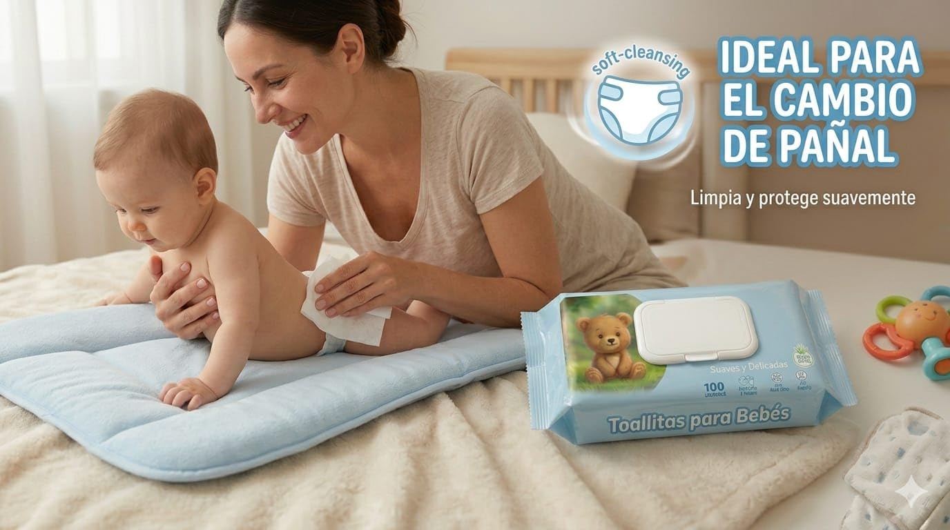 Toallitas Húmedas Hidratantes para bebé PACK 2 UD x 100 Toallitas C/U - Toallitas Húmedas Ideal para Cambio de Pañal - Limpieza para Cara, Manos y Cuerpo - Tejido Suave, Esponjoso y Resistente.