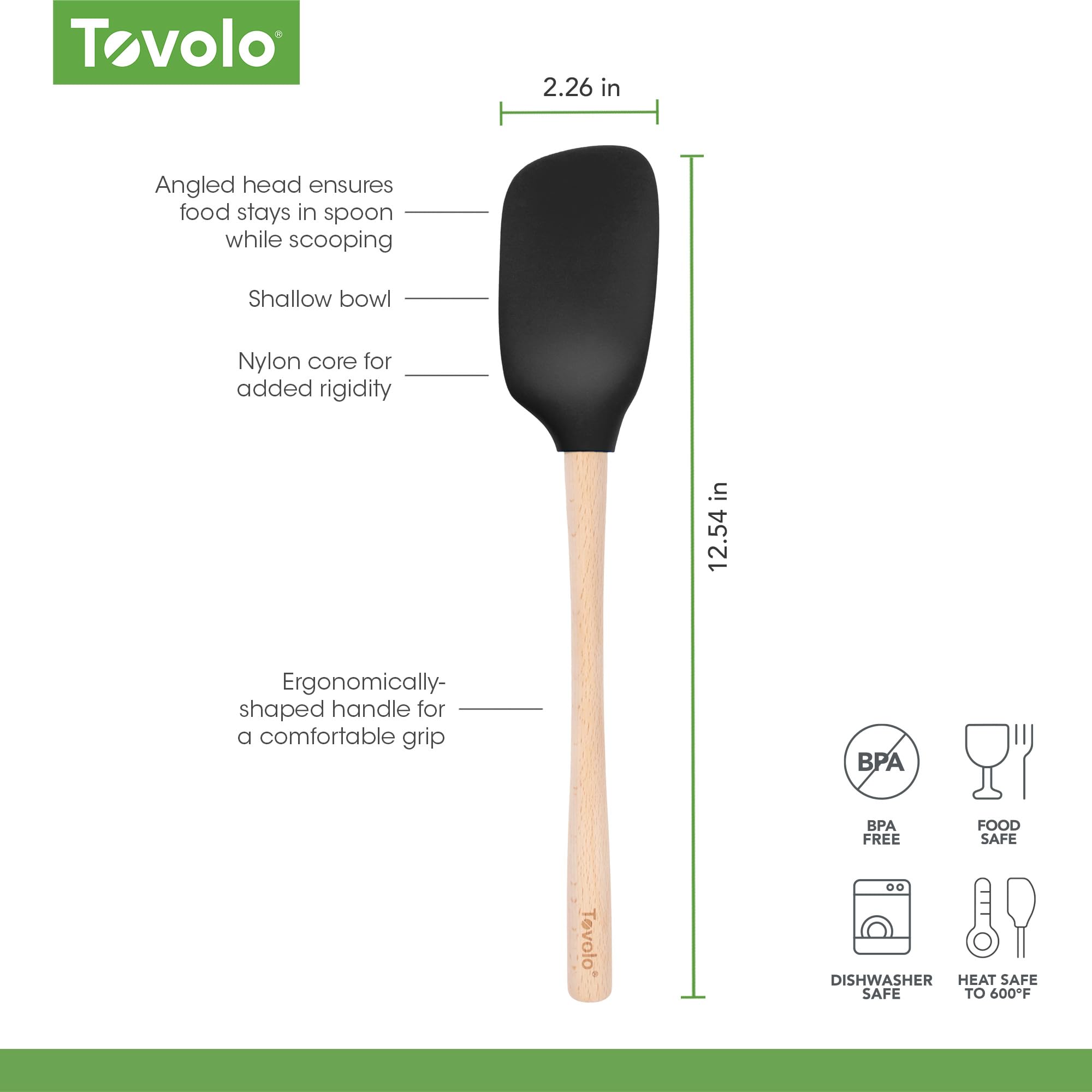 Tovolo Silikonowa łyżka silikonowa łyżka szpatułka z drewnianym uchwytem do gotowania mieszania pieczenia, duża, odporna na wysokie temperatury, wielofunkcyjna szpatułka, łyżka do gotowania, drewniany