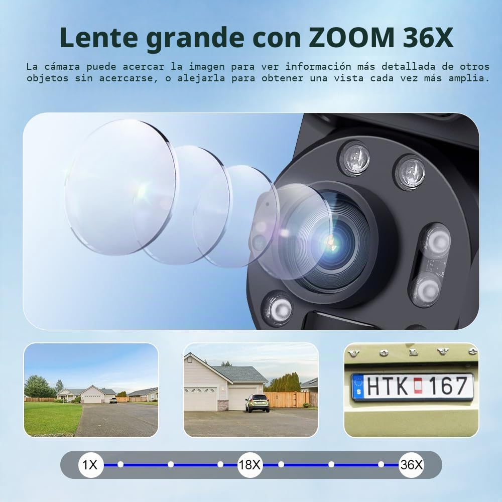 SHIWOJIA Cámara de vigilancia con Panel Solar de Tarjeta SIM, cámara de Zoom óptico 36X de 6 MP, detección Humana PIR Dual, Color de visión Nocturna, Lente Dual, IP67