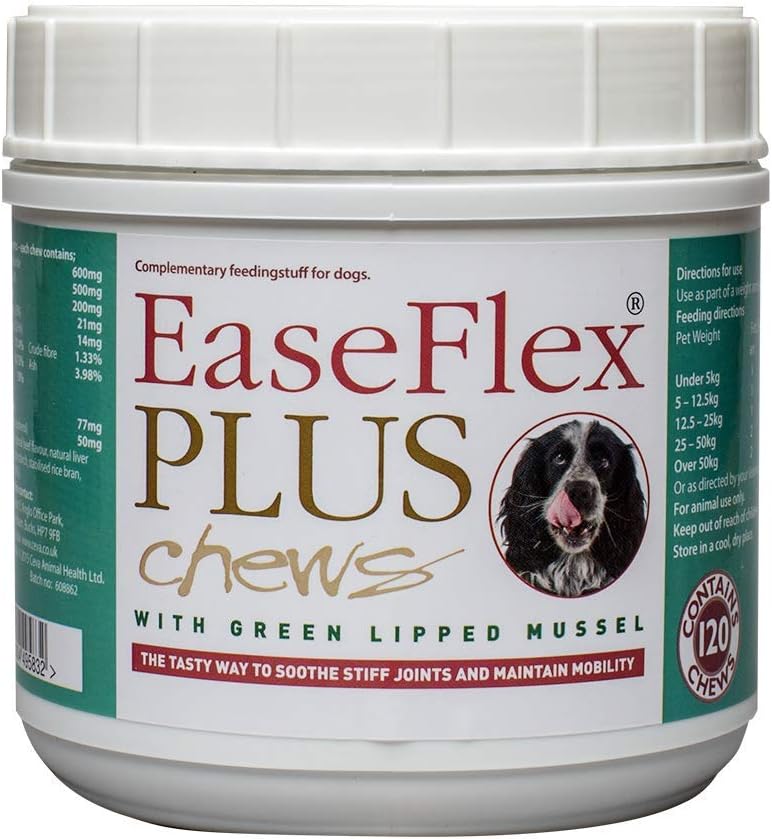 EaseFlex PLUS tasty soft chews for stiff and older dogs. Glucosamine, chondroitin and green lipped mussel - tub of 120 chews