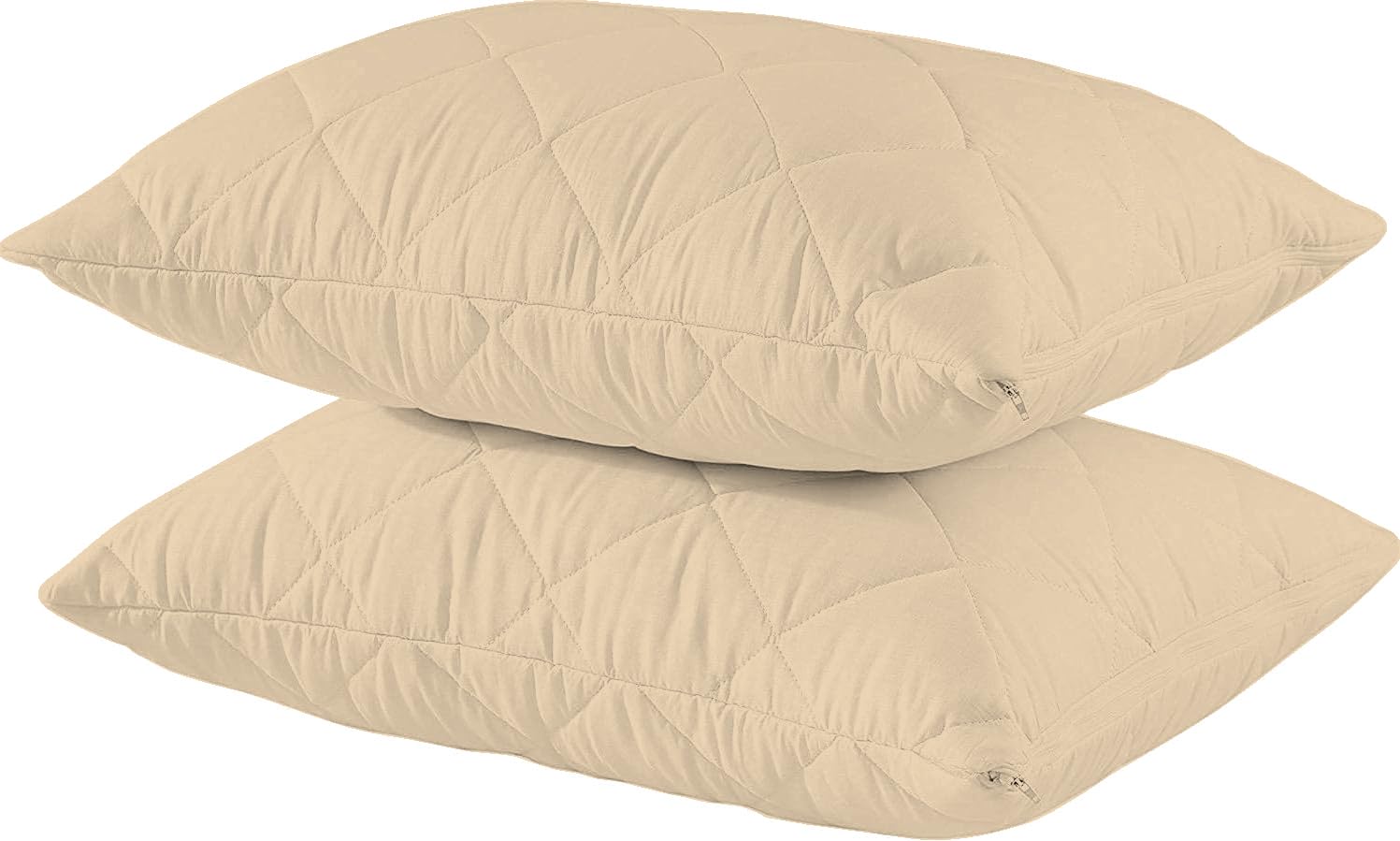 Trance Home Linen Water Resistant Quilted Pillow Protector 240 GSM Soft Cotton Quilted Pillow Cover Protector Zippered Closure, Protection Against Water Spills & Dustmites (18x28 Inches | Beige)