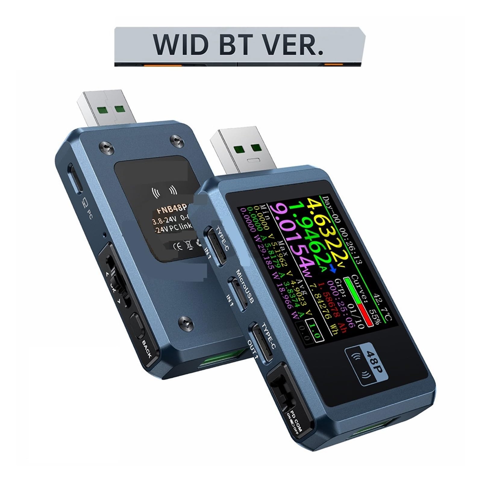 Tester USB FNB48P Tester napięcia prądu USB Wyzwalacz PD QC4.0 + PD3.0 2.0 TYPE-C Test pojemności szybkiego wykrywania ładowania 1,77-calowy wyświetlacz LCD(With Bluetooth)