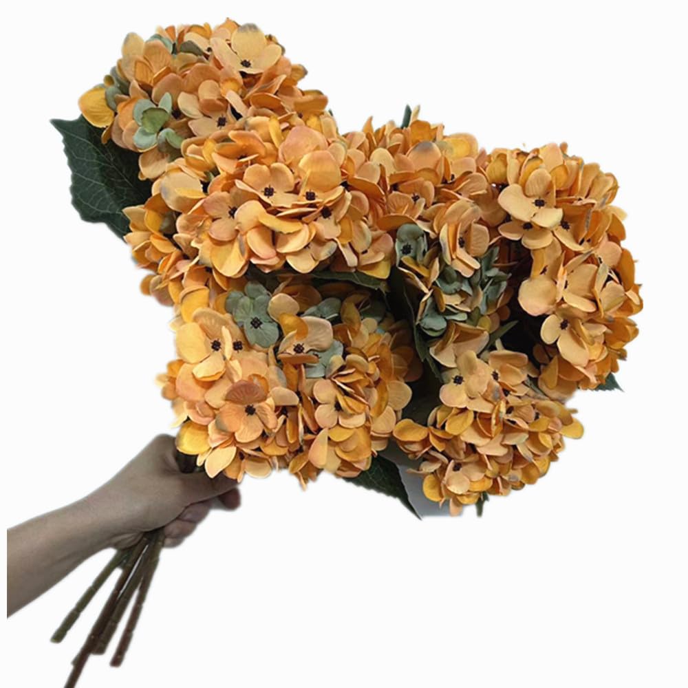 forestmistry 5pcs Artificial Orange Hydrangea Flower Branch Faux Silk Hydrangea Hortensia for Wedding Centerpieces Home Party Floral Arrangement Decor (orange)