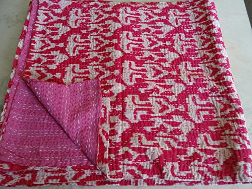 Tribal Asian Textiles IKAT Print King Size Kantha Quilt, Kantha Blanket, Bed Cover, King Kantha bedspread, Bohemian Bedding Kantha Size 90 Inch x 108 Inch 04