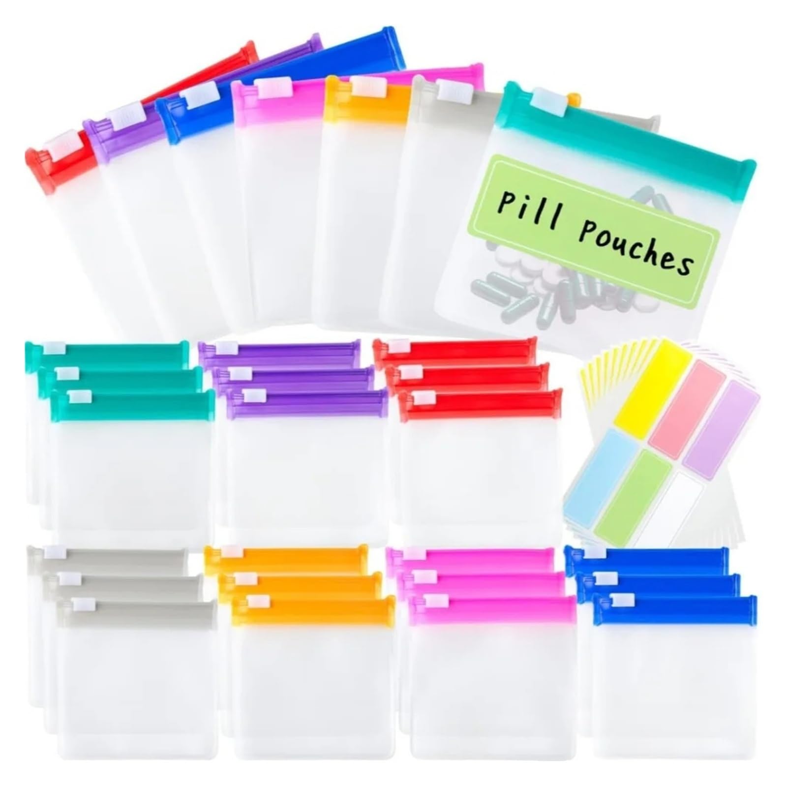 Lot de 28/7 sacs de rangement réutilisables colorés à fermeture éclair pour pilules, vitamines et petits articles
