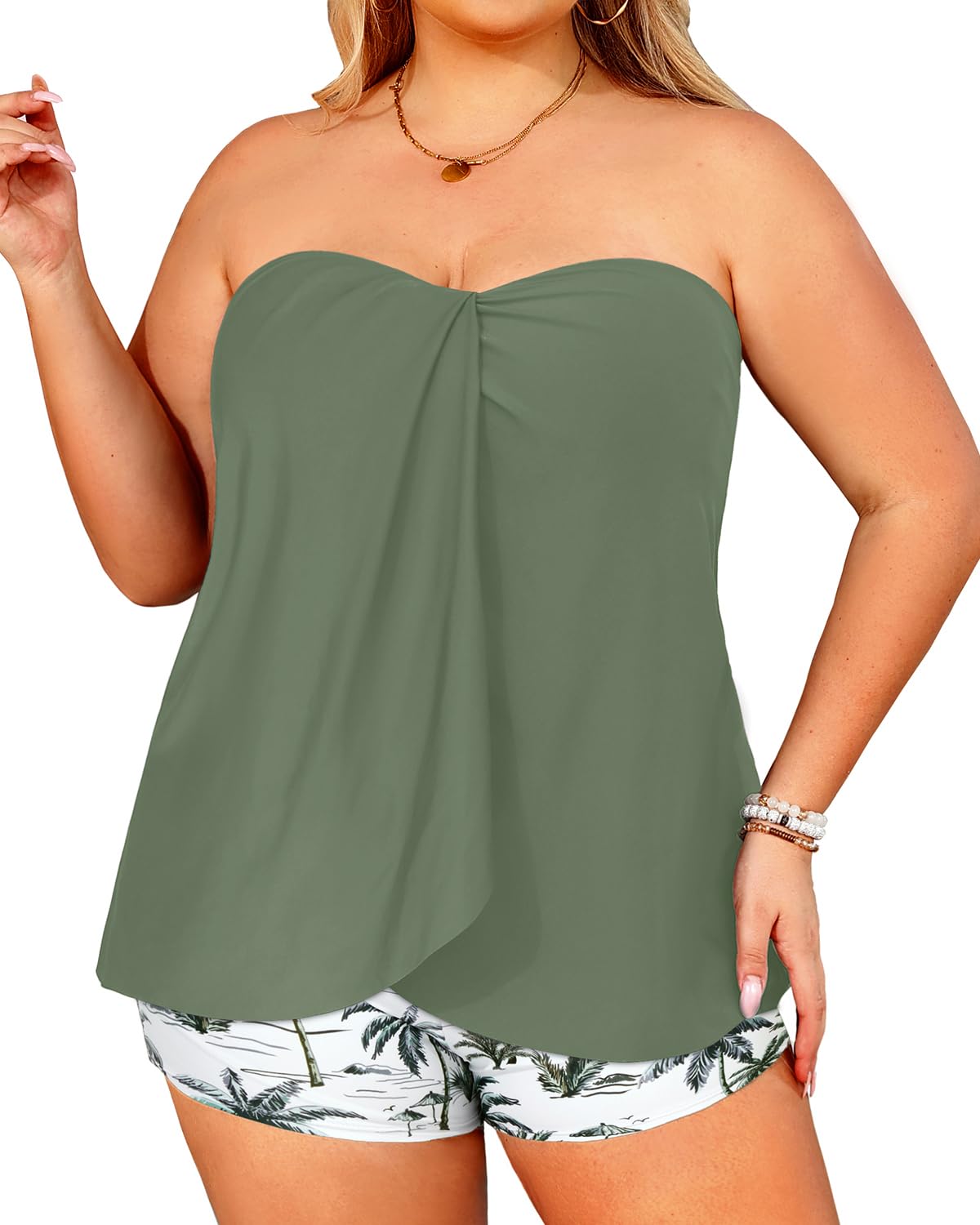 Plus Size Bandeau Tankini 2 Piece Halter Swimsuit with Shorts