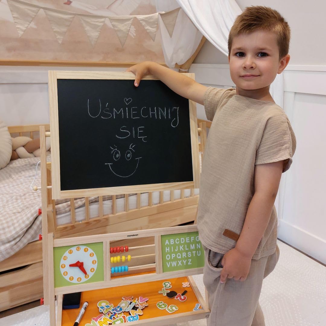 Mamabrum Pizarra Infantil Magnética 2 Caras con Estante - Pizarra Blanca y de Tiza con Accesorios, Ábaco y Reloj - Magnetica Infantil de Madera 98 x 45cm para Aprendizaje