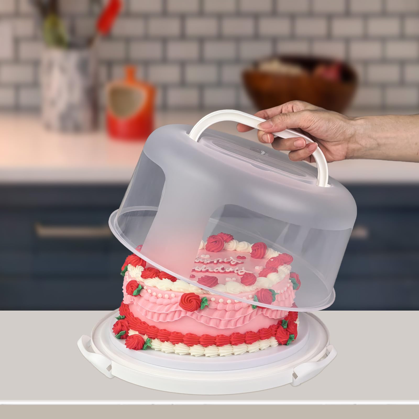 Runde Kuchenträgerbox mit Deckel und Griff, isolierte Transporttasche für Kuchen, Cupcakes und Kuchen, Dreifach-Verriegelung für sicheren Transport (Grau, 25,4 x 25,4 x 14 cm)
