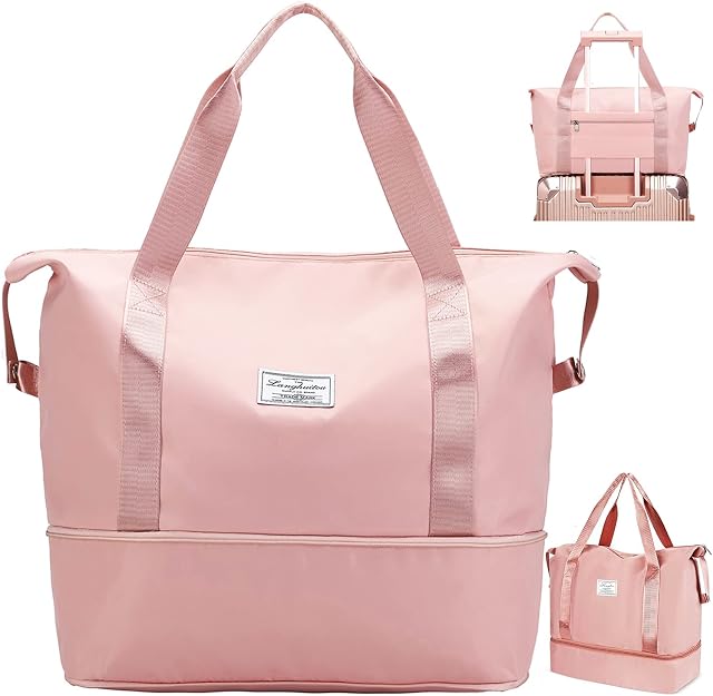 Hatieo Travel Duffel Bag, 36L Travel Bag Sport Duffel Bag with Trolley Sleeve, Dry&Wet Seperated Large Tote Carry on Bag Sports Gym Bag,Weekend Bag for Vacation, Sports, Shopping Pink