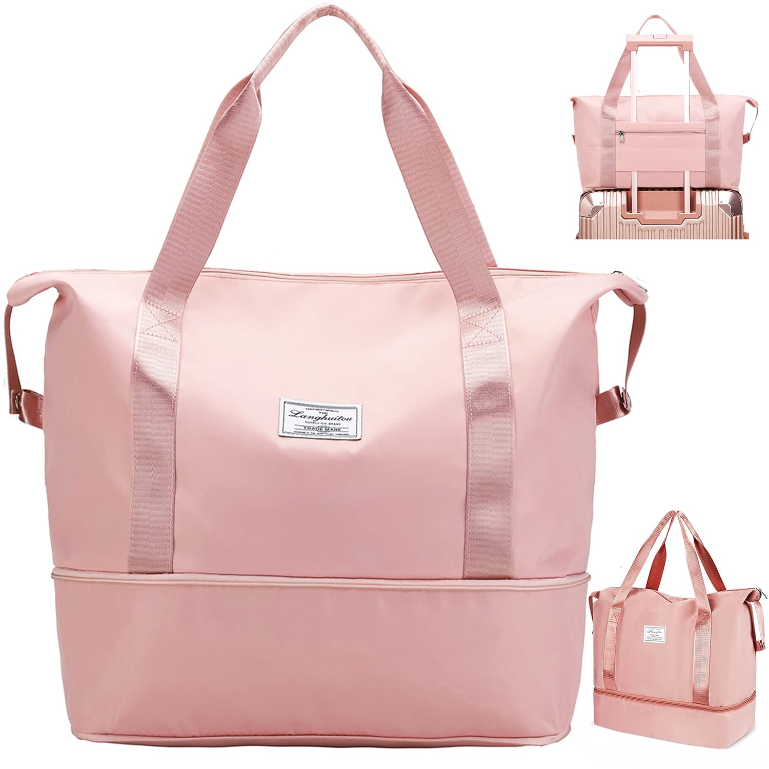 hatieo Travel Duffel Bag, 36L Weekend Bag with Trolley Sleeve, Dry&Wet Seperated Large Tote Carry on Bag, Waterproof Lightweight Holdall Bags for Women, Sports Gym Bag for Vacation, Shopping, Pink, L, 36L-picture-26