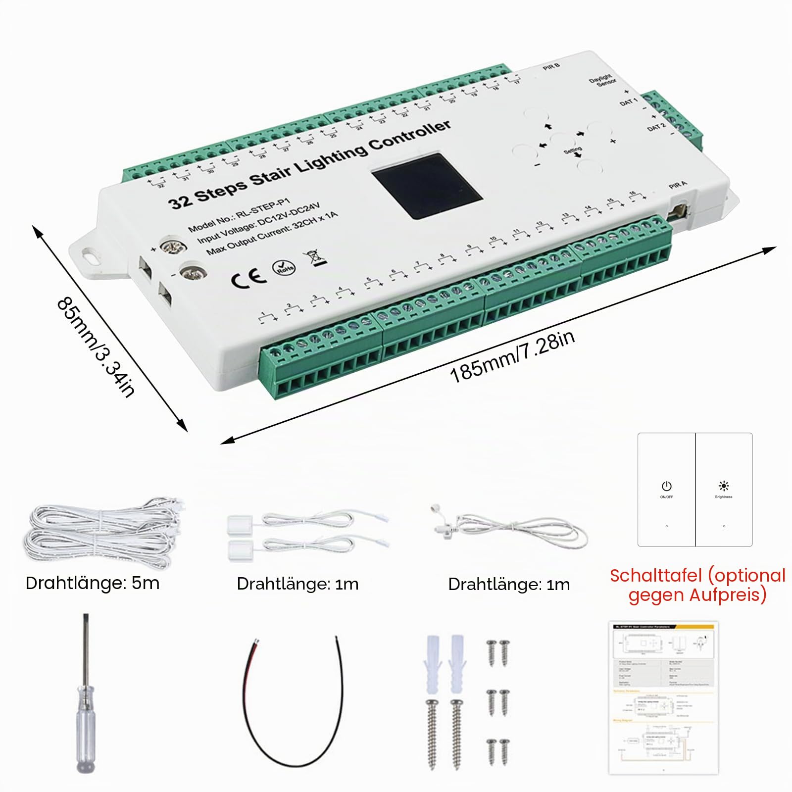 32CH PIR-Sensor Treppenlicht Controller,Treppen-Controller mit Sensor, Laufband und Lichtsensor, Panelschalter, 32 Stufen Infrarot-Controller,Treppenlichtsteuerung LED-Treppenlicht-Controller