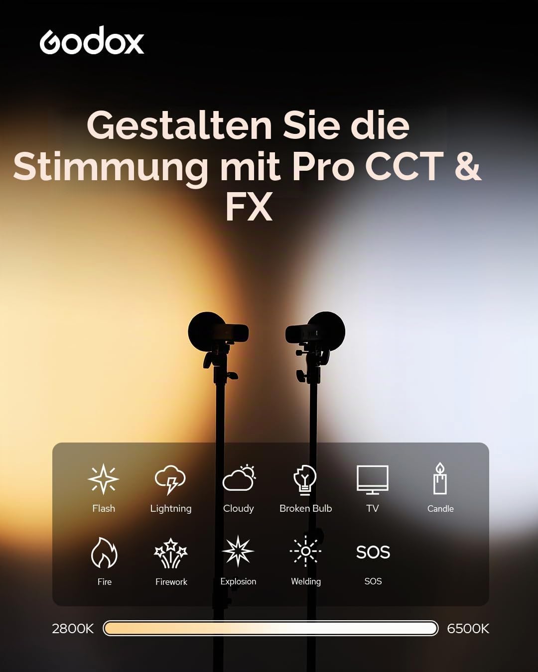 Godox FL15Bi Handheld Bi-Color LED-Videoleuchte, 2800K-6500K, 25600 Lux @0.5m, CRI 97 TLCI 98, 4750mAh USB-C wiederaufladbar, 11 FX, App-Steuerung, IP54, für Video Portrait Content Creation