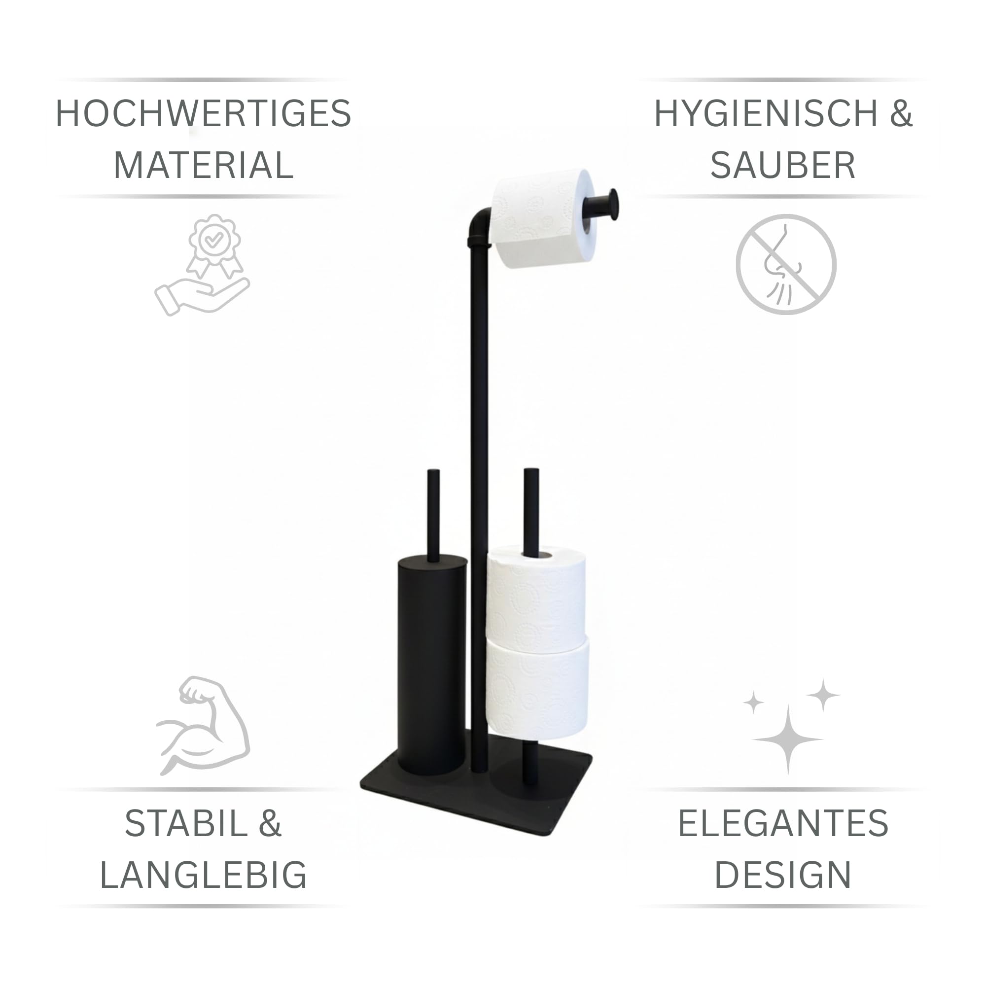 WC-Garnitur Palermo – Toilettenpapierhalter stehend mit geschlossener WC-Bürste – Toilettenbürstenhalter & WC-Rollenhalter aus Metall in modernem Schwarz – Bad-Accessoire