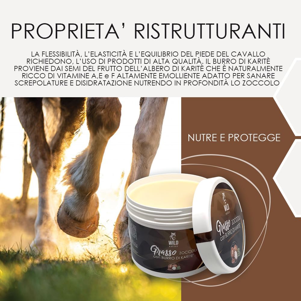 Wild Horses | Grasso per Zoccoli al Burro di Karitè, Rigenera, Isola e Protegge, Cura le Falangi Fragili, Secche o Screpolate, 500g, Made in Italy
