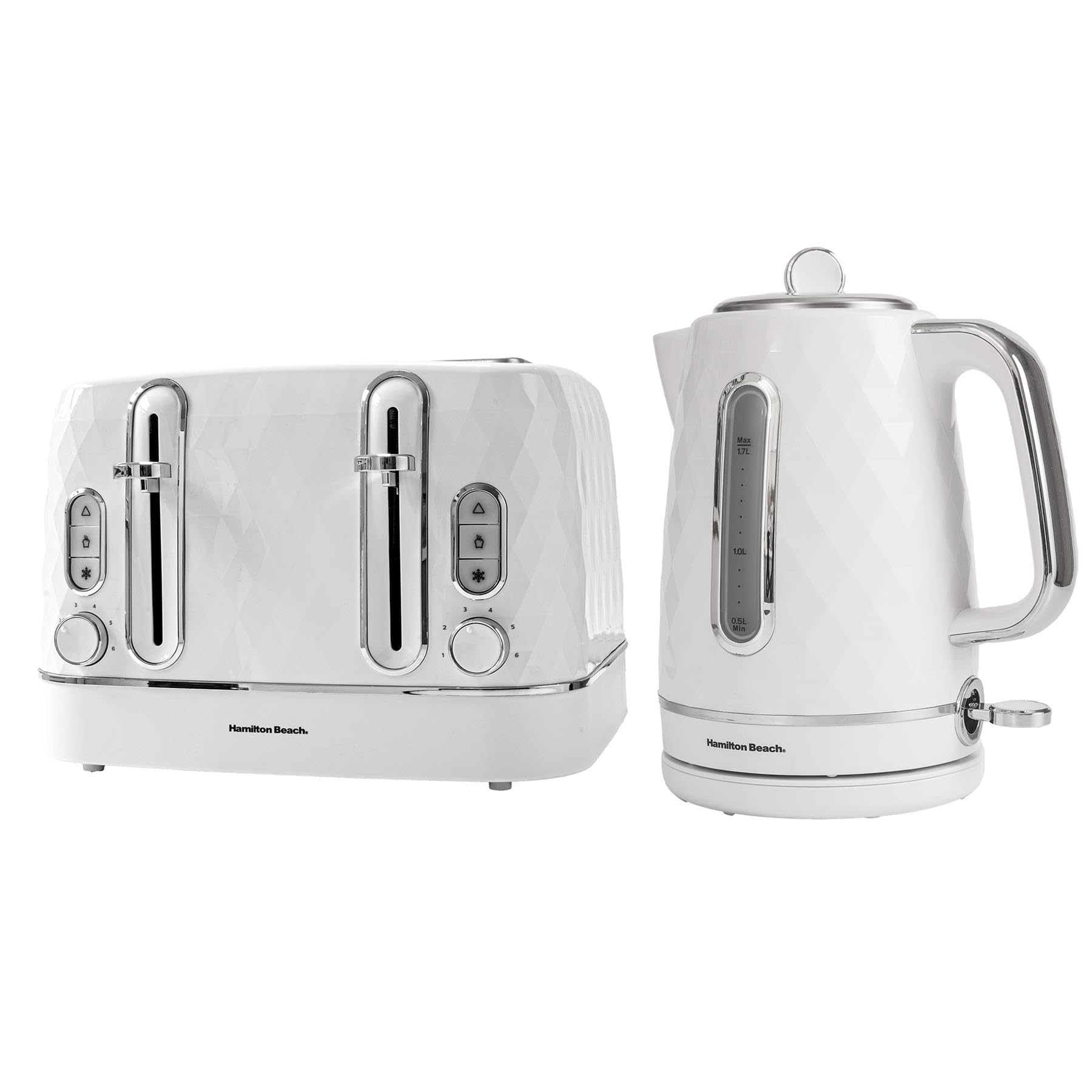 Hamilton Beach Kettle and Toaster Set, Electric Kettle, 1.7L, Toaster 4 Slice, Diamond Textured, Boil Dry Protection, Space Saving, 7 Browning Levels, Defrost, Reheat & Cancel, White - HB8393221WST