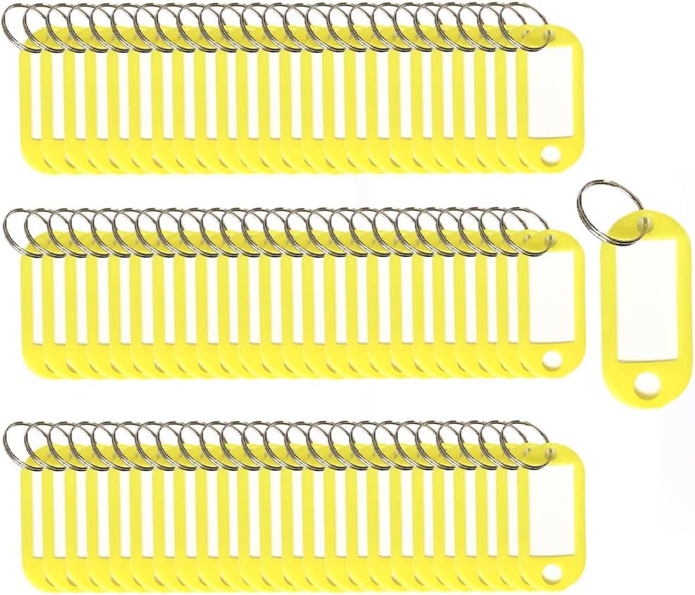 Key Tags with Split Ring, 100 Pack, of one Colour, Plastic ID Labels, 5 cm x 2.2 cm (100 Yellow)