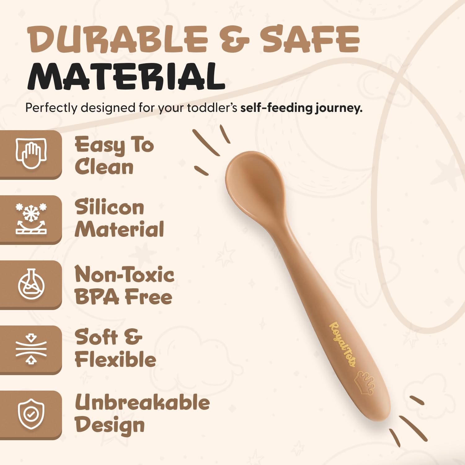 RoyalTots Silicone Baby Spoons for Self-Feeding 6 Months+, Toddler Spoons with Soft Tip | BPA-Free, Microwave Safe & Heat Resistant Baby Utensils | Assist and Self-led Feeding (Brown)