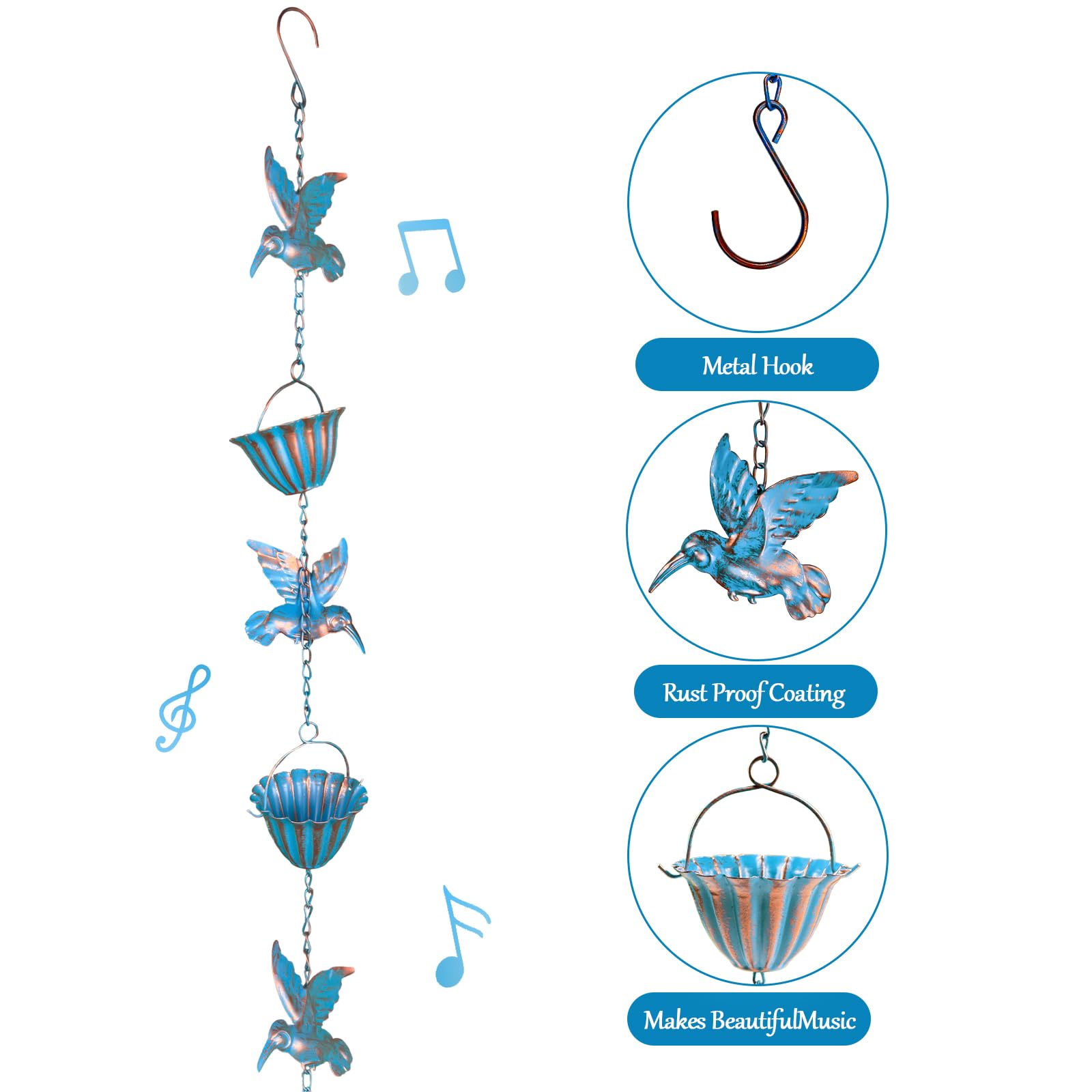 2,4 m Catene della Pioggia, Rain Chain Blu Colibrì Ferro retrò Collettore di Acqua Piovana per Esterni Adatto per Grondaie e Cornicioni del Cortile