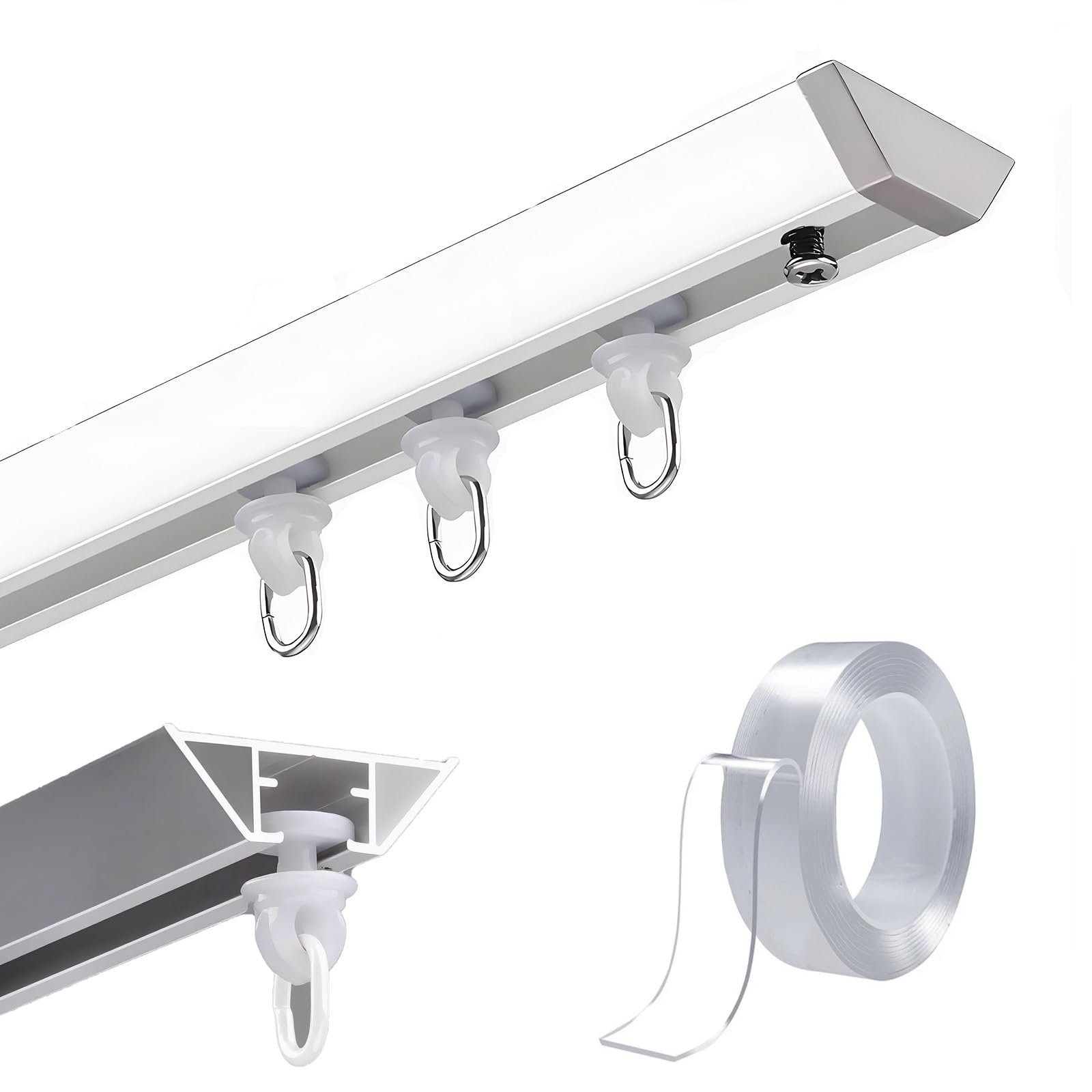 GLDYTVF Black Ceiling Curtain Track - Aluminum Curtain Rod System Self-Adhesive Room Divider for Bedroom Bathroom Closet No Drill Lightweight Sleek Design 100-380cm (White 200cm/6.6FT)