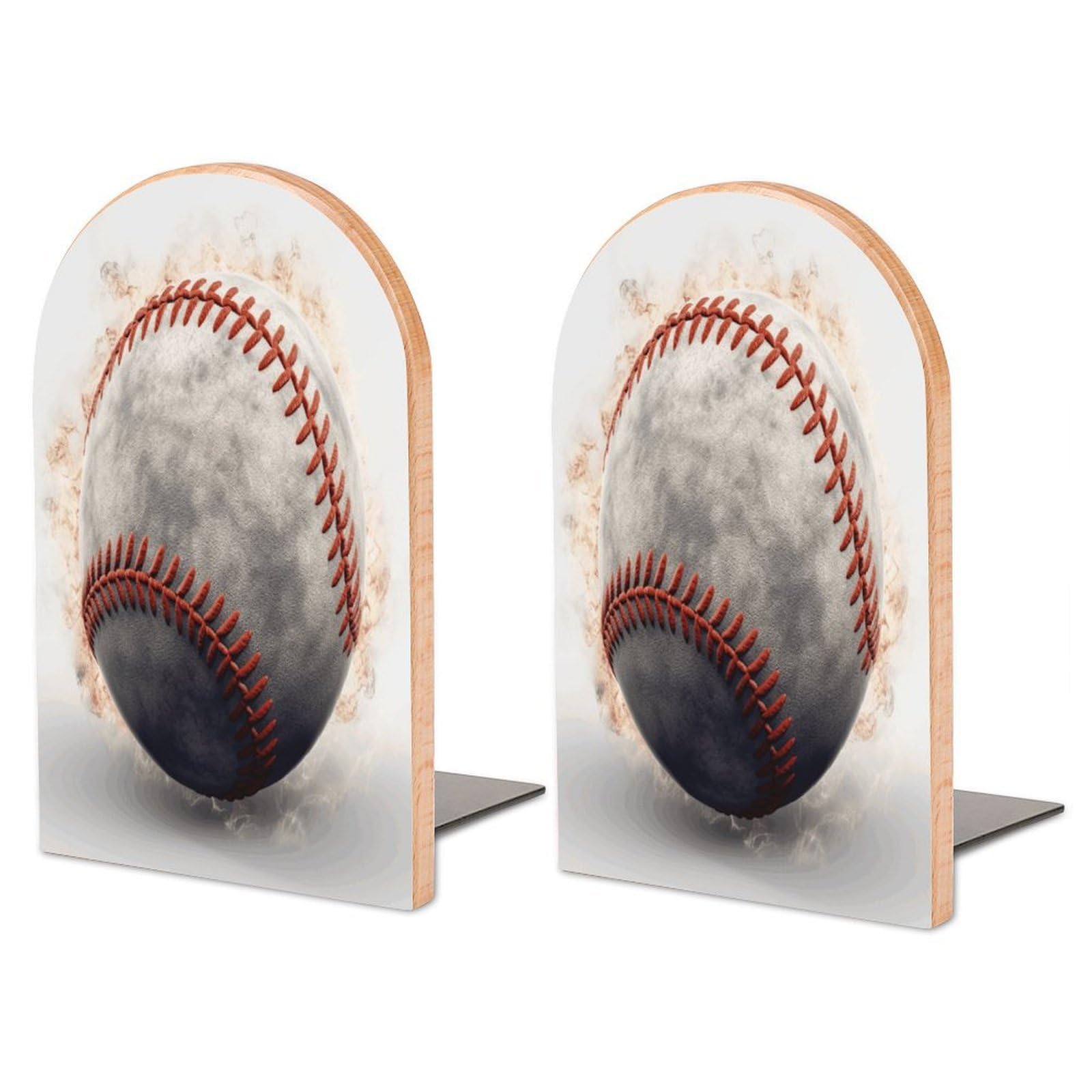 Baseball Bookend for Shelves Non-Skid Book Holder Modern Heavy Duty Bookend Stopper Metal Base Wood Book End Books Shelf Holder Home Decorative 1pair 6.7x3.9x4.7