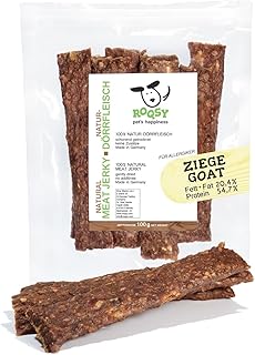 ROQSY Natural Jerky 100% Goat - Grain Free, Chew, Dried Meat, Treat for Dogs, Ideal Snack for Puppies, Chewing Strips, Barf-Enable, Jerky - 100 g product image
