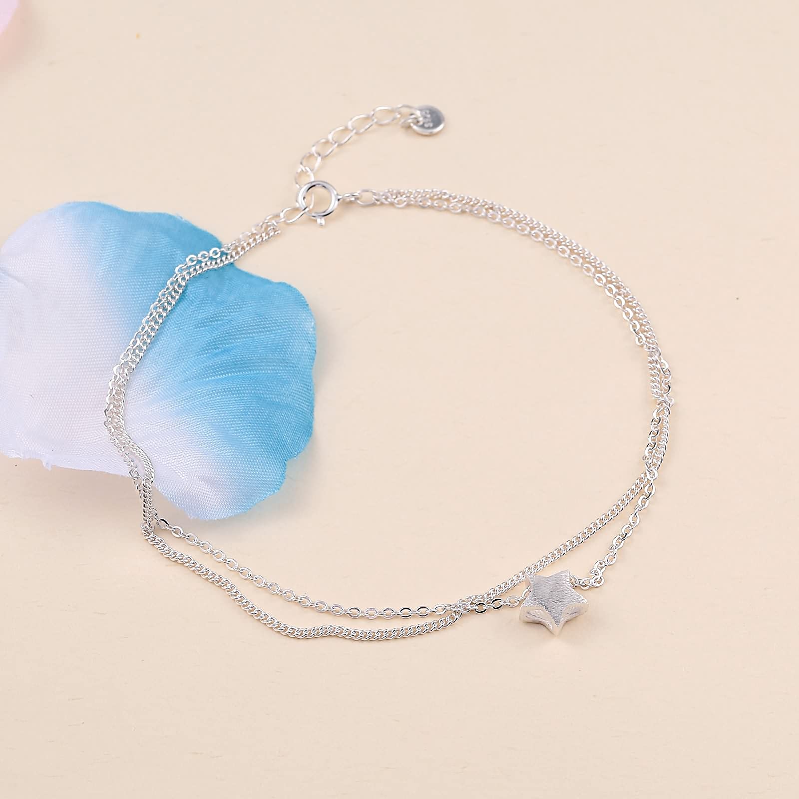 18 Karat Weißgold Fußkette Damen Fußkettchen 750, Echtschmuck Stern Zweireihig Funkeln Strand Süß Fußketten Damen 23+5cm Lang
